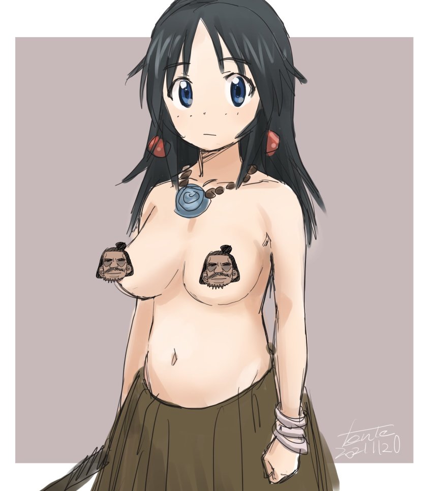 1boy 1girl black_hair border bracelet breasts censored censored_nipples closed_mouth dated fanta_(the_banana_pistols) girls_und_panzer grey_background hair_ornament highres holding holding_stick jewelry long_hair navel necklace novelty_censor outside_border signature skirt stick tareme topless_female tribal white_border yamagou_ayumi