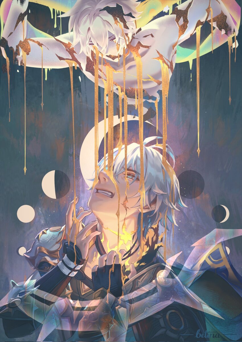 2boys antenna_hair armor betina_mascenon black_choker black_gloves black_shirt blood blood_drip blue_cape blue_eyes cape choker coat collar_tug commentary cracked_skin english_commentary fingerless_gloves gloves highres honkai:_star_rail honkai_(series) male_focus moon multiple_boys neck_tattoo pale_skin parted_bangs pauldrons phainon_(honkai:_star_rail) shirt short_hair shoulder_armor single_glove single_pauldron tattoo white_coat white_hair yellow_blood