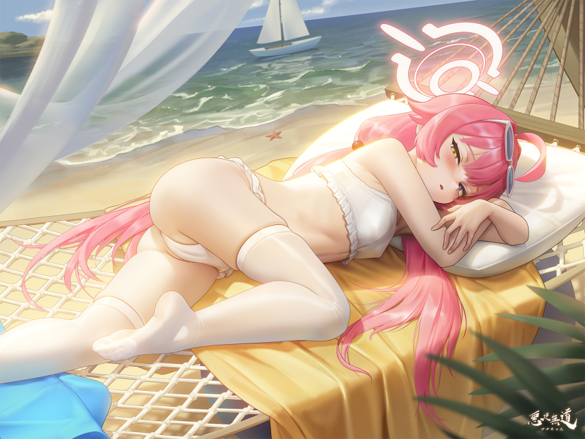 1girl ahoge ass beach bikini blue-tinted_eyewear blue_archive blue_eyes breasts cameltoe eyewear_on_head feet female_focus frilled_bikini frills halo heterochromia highres hoshino_(blue_archive) hoshino_(swimsuit)_(blue_archive) loli long_hair looking_at_viewer low_twintails lying ocean official_alternate_costume open_mouth pink_hair pink_halo sarena small_breasts soles solo starfish swimsuit thighhighs tinted_eyewear toes twintails white-framed_eyewear white_bikini white_thighhighs yellow_eyes