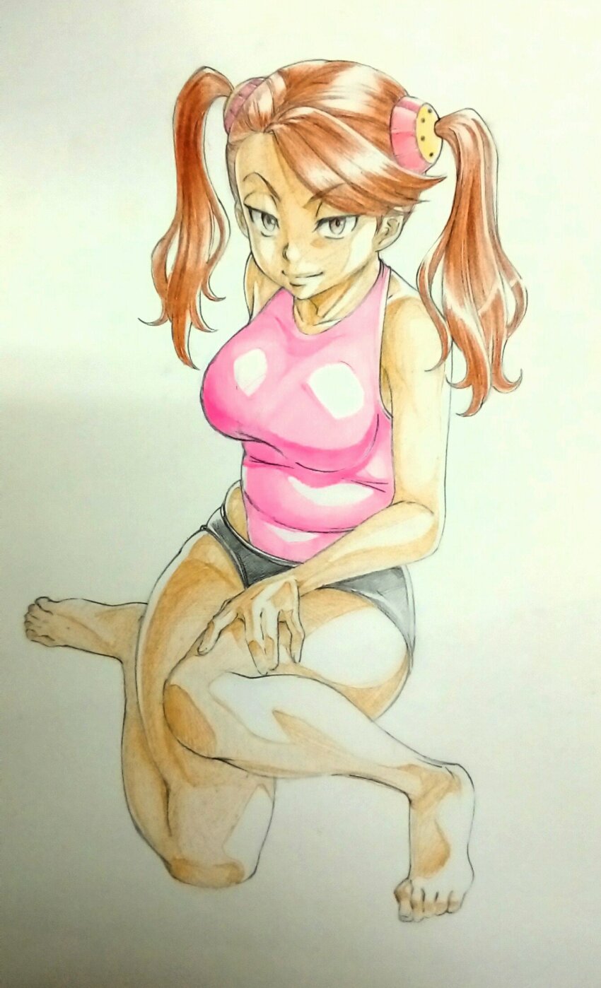 1girl barefoot breasts brown_eyes brown_hair closed_mouth full_body gundam gundam_build_fighters gundam_build_fighters_try hair_ornament highres long_hair looking_at_viewer matsukawa_tetsuya medium_breasts one-piece_swimsuit pink_one-piece_swimsuit plump sazaki_kaoruko simple_background smile solo swimsuit twintails white_background