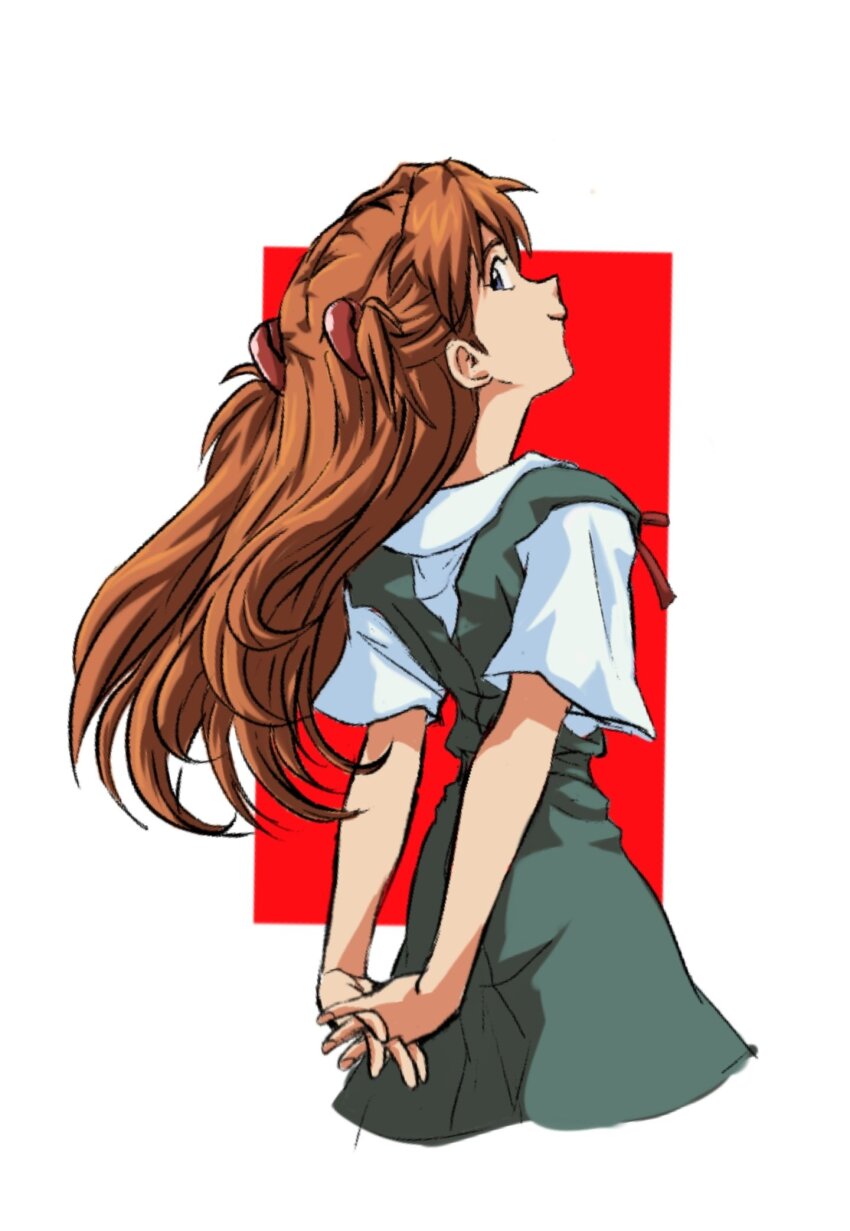 1girl amondetauro arms_behind_back blue_eyes from_behind grey_skirt grey_vest half_updo highres interface_headset_(evangelion) long_hair looking_at_viewer neon_genesis_evangelion orange_hair school_uniform shirt short_sleeves simple_background skirt smile solo souryuu_asuka_langley tokyo-3_middle_school_uniform vest white_shirt