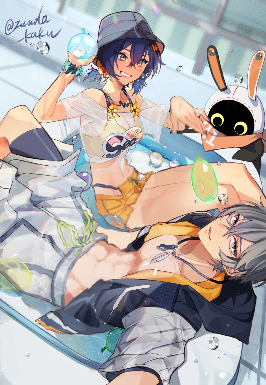 1boy 1girl artist_name bandana bandana_around_neck bangboo_(zenless_zone_zero) belle_(summer_skies)_(zenless_zone_zero) belle_(zenless_zone_zero) bikini bikini_bottom_under_shorts bikini_top_under_shirt bikini_under_clothes black_wetsuit blue_eyes blue_wetsuit blush bracelet brother_and_sister bucket_hat crop_top crossed_bangs eous_(zenless_zone_zero) fish_hat green_eyes grey_hair grey_male_swimwear hair_ornament hat highres jewelry letter_hair_ornament looking_at_viewer male_swimwear off-shoulder_shirt off_shoulder official_alternate_costume official_alternate_hairstyle orange_bandana orange_bikini orange_shorts partially_submerged see-through_clothes selfie shirt short_twintails shorts siblings smile sphere_hair_ornament swimsuit throwing tied_shirt twintails twitter_username two-tone_one-piece_swimsuit water_balloon water_drop wise_(peaceful_waves)_(zenless_zone_zero) wise_(zenless_zone_zero) zenless_zone_zero zunda_kaku