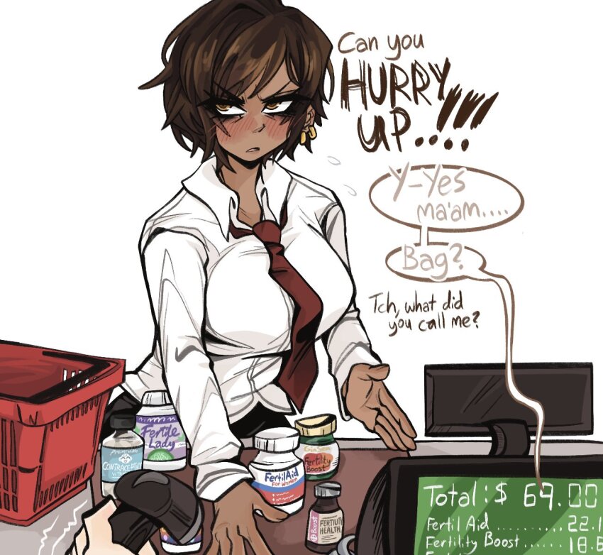 1girl barcode_scanner brown_eyes brown_hair cash_register cashier collared_shirt commentary dark-skinned_female dark_skin drugs english_commentary english_text fertility_drug highres holding holding_barcode_scanner kecchi0 limbus_company mature_female medicine medicine_bottle meme necktie outis_(project_moon) pill_bottle project_moon shirt shopping_basket short_hair simple_background white_background white_shirt with_enough_power_you_can_refire_even_a_dying_star_(meme)