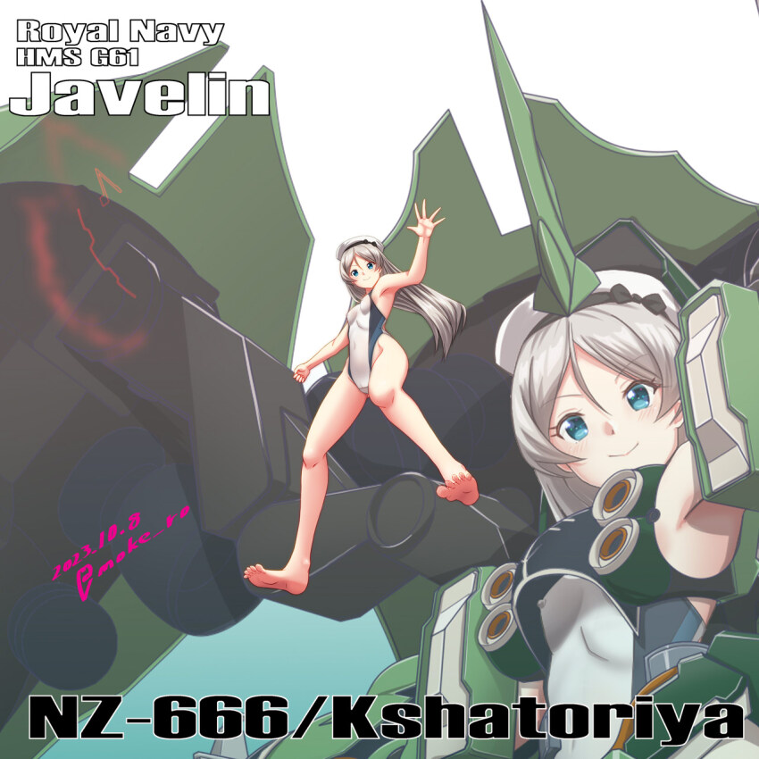 1girl barefoot blue_eyes breasts competition_swimsuit dated from_below grey_hair hat highleg highleg_one-piece_swimsuit highres javelin_(kancolle) kantai_collection kshatriya long_hair looking_at_viewer machinery mecha_musume moke_ro one-piece_swimsuit purple_background sailor_hat simple_background small_breasts solo swimsuit twitter_username white_hat white_one-piece_swimsuit zoom_layer