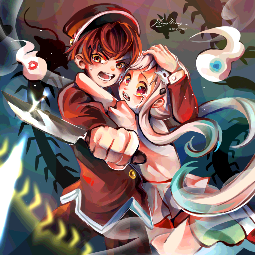 1boy 1girl brown_eyes brown_hair crying dress ghost glint green_hair hair_ornament hanako_(jibaku_shounen_hanako-kun) hat holding holding_knife holding_weapon hug jibaku_shounen_hanako-kun kellyliao33 knife long_hair monster multicolored_hair open_mouth protecting red_eyes school_uniform teeth two-tone_hair weapon white_hair yashiro_nene