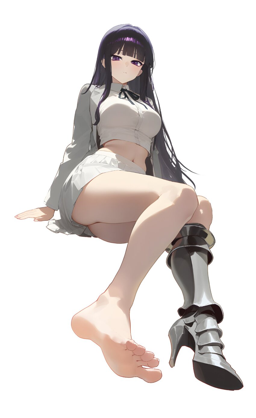 1girl armored_boots barefoot black_ribbon blunt_bangs blush boots breasts closed_mouth crop_top dark_skin feet foot_focus foreshortening full_body grey_jacket hair_intakes high_heel_boots high_heels highres hime_cut impossible_clothes impossible_shirt invisible_chair jacket knees_together_feet_apart large_breasts legs long_hair long_sleeves looking_at_viewer midriff miniskirt navel necktie open_clothes open_jacket original pleated_skirt purple_eyes purple_hair randomscribblas ribbon shadow shirt simple_background sitting skirt soles solo stiletto_heels thighs toenails toes very_long_hair white_background white_skirt