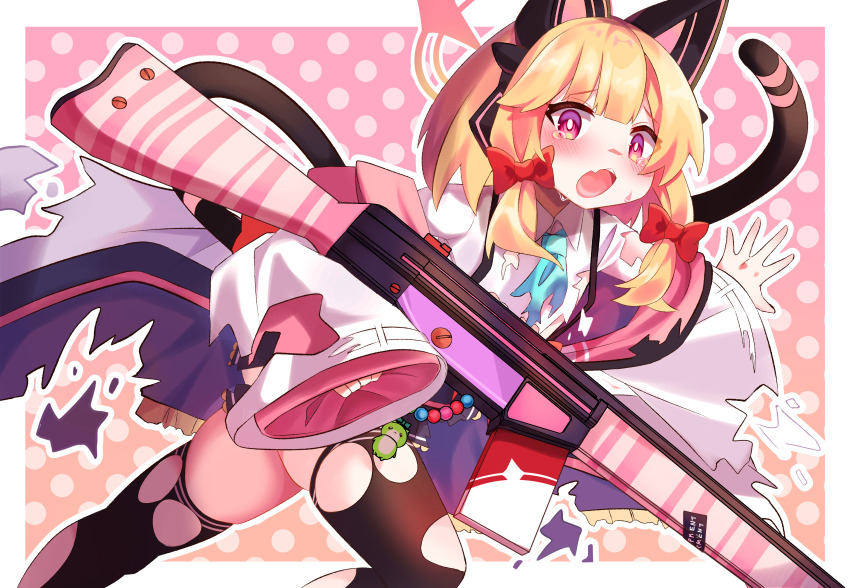 1girl absurdres animal_ear_headphones animal_ears aqua_necktie battle_rifle black_coat black_skirt black_tail black_thighhighs blonde_hair blue_archive blunt_bangs border bow bright_pupils cat_ear_headphones cat_ears cat_tail coat collared_shirt commentary_request eyes_visible_through_hair fake_animal_ears fake_tail fang feet_out_of_frame frilled_coat frilled_skirt frills furrowed_brow gradient_background gun h&amp;k_g3 hair_bow halo headphones highres holding holding_gun holding_weapon long_sleeves long_tail looking_at_viewer low-tied_sidelocks medium_hair miniskirt miru_purin_(cha_mochi) momoi_(blue_archive) multicolored_coat necktie off_shoulder open_clothes open_coat outline outside_border outstretched_arm pink_background pink_coat pink_eyes pink_halo polka_dot polka_dot_background red_bow rifle shirt sidelocks single_sleeve_past_fingers skin_fang skindentation skirt sleeves_past_wrists solo spread_fingers suspender_skirt suspenders sweat tail tearing_up teeth thighhighs thighs torn_clothes torn_coat torn_necktie torn_shirt torn_skirt torn_sleeves torn_thighhighs two-sided_coat two-sided_fabric upper_teeth_only weapon white_border white_coat white_outline white_pupils white_shirt wide_sleeves