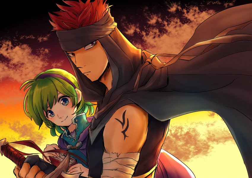 1boy 1girl bandages blue_eyes blush cape couple fire_emblem fire_emblem:_the_blazing_blade gloves green_hair hairband hetero highres hoshigaki_(hsa16g) jaffar_(fire_emblem) nino_(fire_emblem) nintendo red_eyes red_hair short_hair smile
