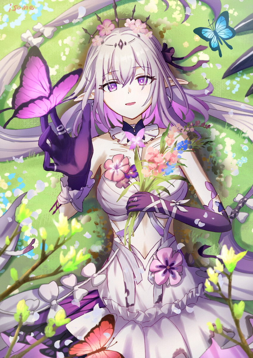 1girl absurdres arm_up bare_shoulders blue_butterfly bow breasts bright_pupils bug butterfly butterfly_earrings castorice_(honkai:_star_rail) commentary_request dress earrings elbow_gloves flower gloves hair_bow highres holding holding_flower honkai:_star_rail honkai_(series) insect isome jewelry large_breasts long_hair looking_at_viewer lying on_back on_grass open_mouth outdoors pointy_ears purple_bow purple_butterfly purple_eyes purple_gloves purple_hair signature single_elbow_glove smile solo very_long_hair white_dress white_pupils