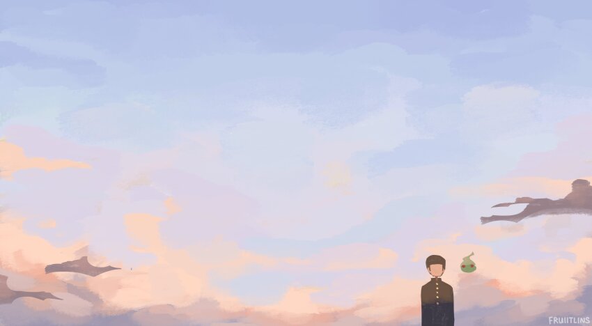 1boy absurdres black_hair black_shirt buttons cloud cloudy_sky commentary ekubo_(mob_psycho_100) english_commentary faceless facing_viewer fruiitlins gakuran highres kageyama_shigeo mob_psycho_100 painterly scenery school_uniform shirt short_hair sky spirit sunrise upper_body wide_shot