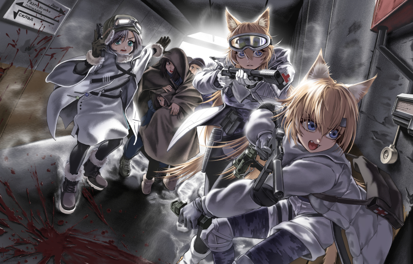 1boy 5girls absurdres animal_ear_fluff animal_ears aqua_eyes bag black_gloves blood blood_on_ground blood_on_wall blue_eyes boots cat_ears chtv codename:_bakery_girl commentary dog_ears english_commentary explosive finger_on_trigger flashbang fur-trimmed_boots fur_trim girls&#039;_frontline gloves goggles goggles_on_head grenade gun hallway handgun highres holding holding_grenade holding_gun holding_weapon idw_(girls&#039;_frontline) jacket knee_pads m500_(girls&#039;_frontline) mossberg_500 multiple_girls open_mouth p2000 p2000_(girls&#039;_frontline) parker-hale_idw parted_lips pouch pump_action reverse_collapse_(series) russian_text shorts shotgun shoulder_bag skirt sweatdrop teeth trigger_discipline weapon white_gloves white_jacket white_shorts white_skirt
