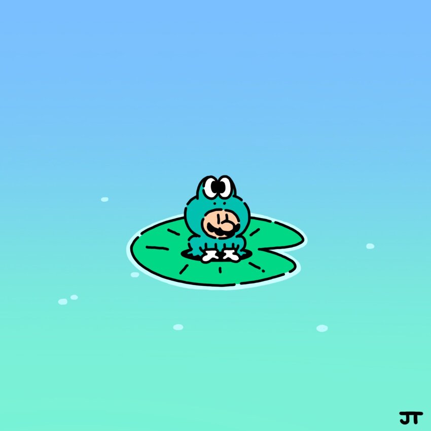 1boy animal_costume animal_hood blue_background chibi chibi_only commentary english_commentary facial_hair frog_costume frog_hood frog_mario frog_suit_(mario) full_body gloves highres hood james_turner lily_pad looking_at_viewer male_focus mario mario_(series) mustache nintendo signature simple_background solo super_mario_bros._3 water white_gloves