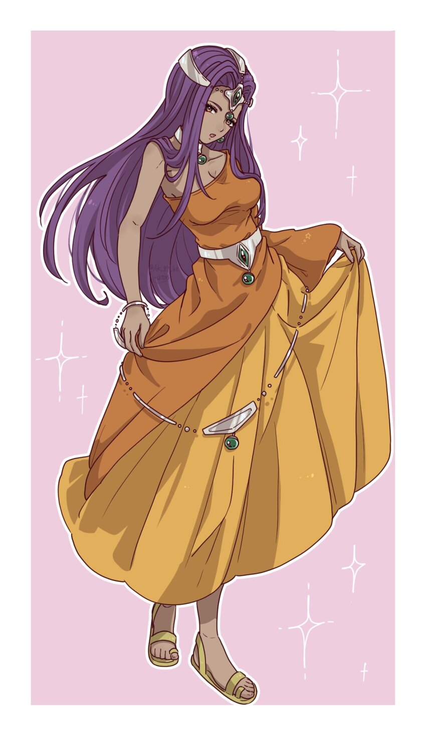 1girl ak_87_kt bracelet breasts brown_eyes circlet cleavage curtained_hair dark-skinned_female dark_skin dragon_quest dragon_quest_iv dress earrings expressionless eyelashes forehead_jewel full_body gem green_gemstone highres jewelry long_hair long_sleeves looking_at_viewer metal_belt minea_(dq4) necklace open_mouth orange_dress parted_bangs purple_hair sandals single_bare_shoulder single_sleeve skirt_hold solo sphere_earrings standing two-tone_dress