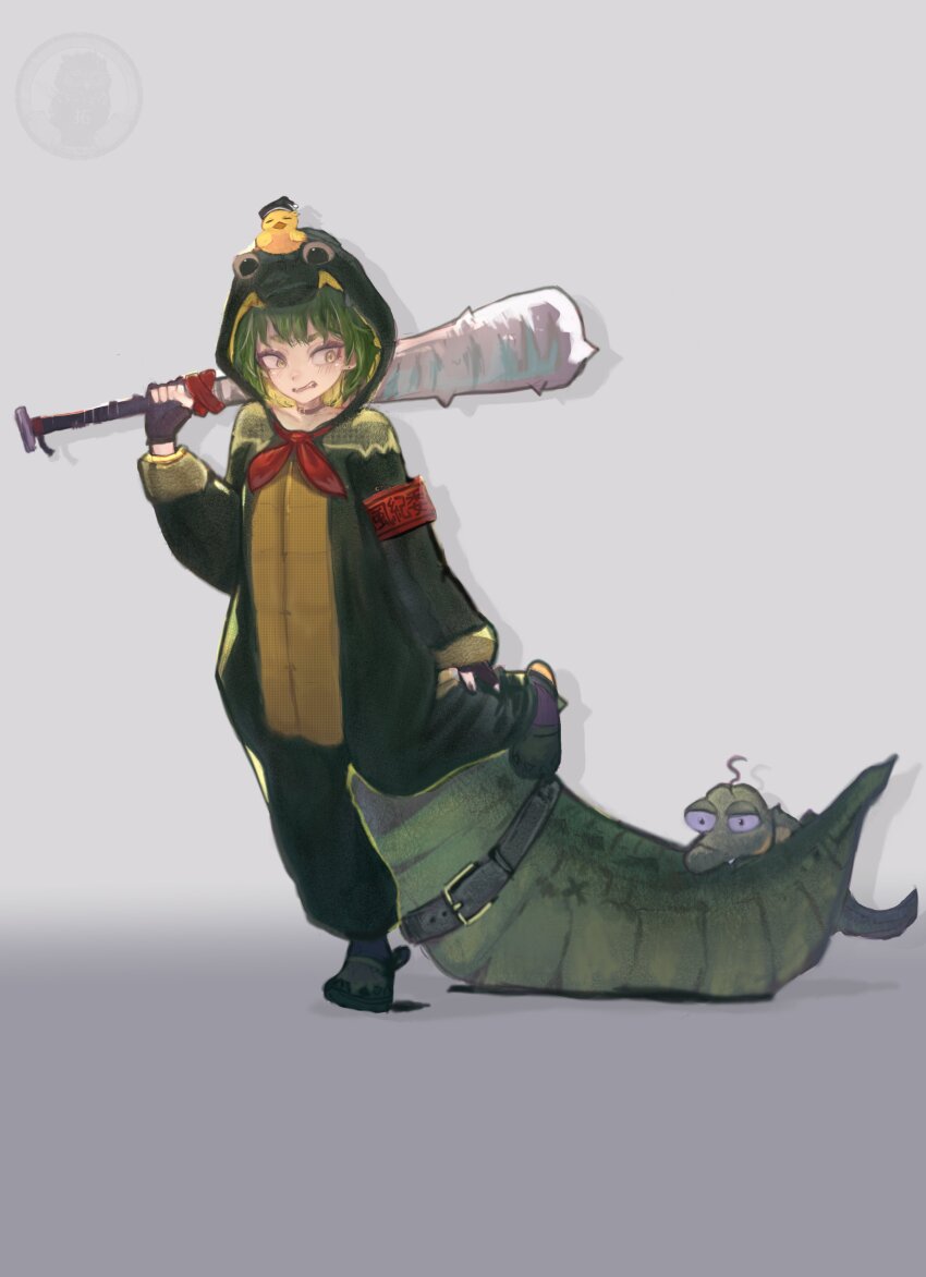1girl absurdres club_(weapon) crocodilian_tail green_hair highres nitya_nil onesie phase_connect tagme tail taku_artworks virtual_youtuber