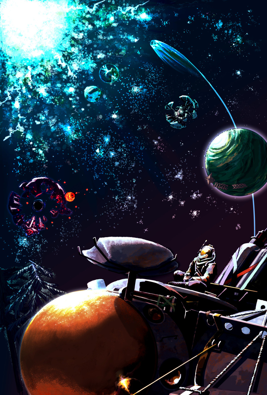 1other comet commentary english_commentary gradient_sky hatchling_(outer_wilds) helmet highres outdoors outer_wilds planet sasa_fistulosum scenery sky space space_helmet spacecraft supernova_(star) wide_shot