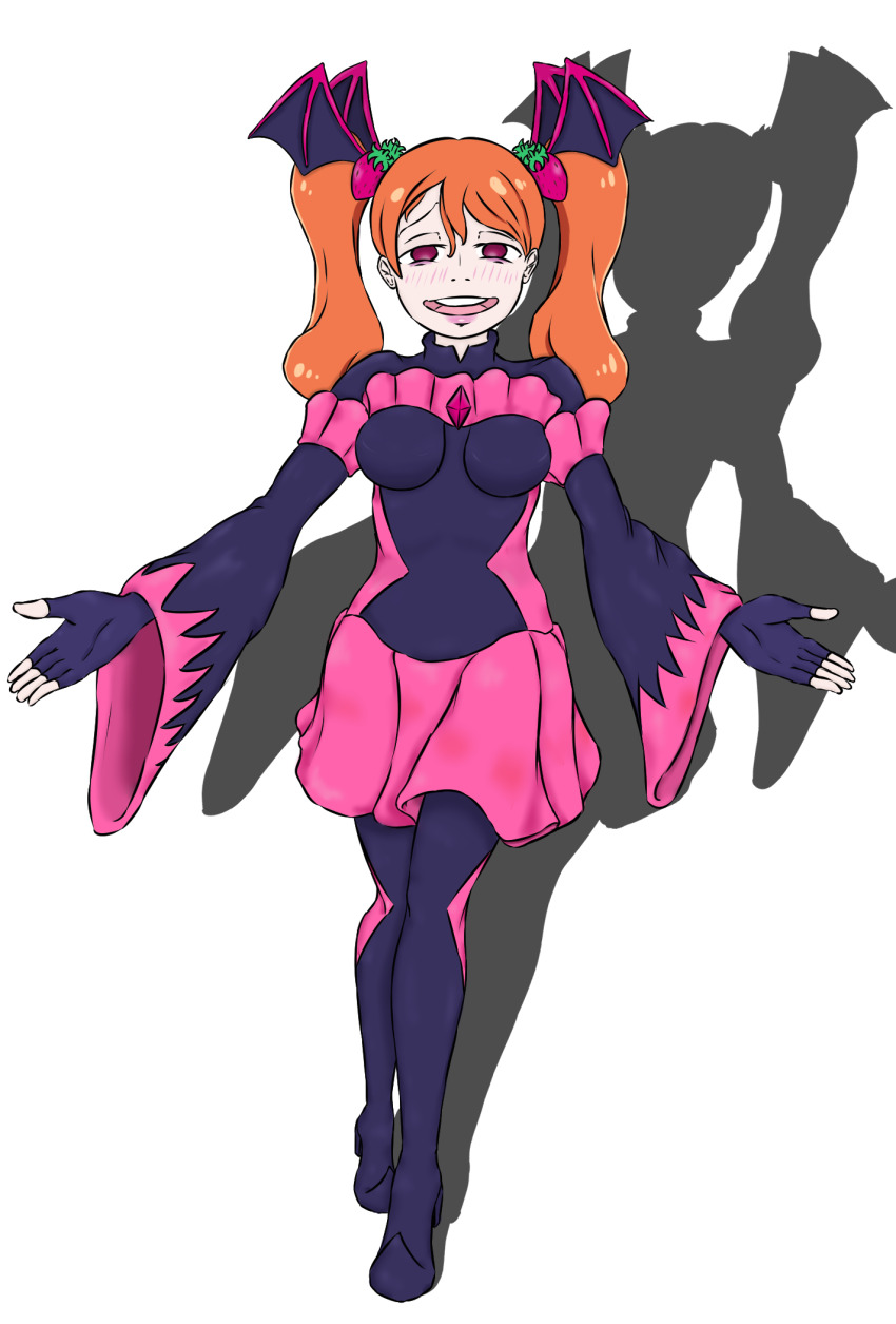bad_end_happy_(cosplay) bad_end_precure bad_end_precure_(cosplay) bodysuit breasts corruption cosplay cure_whip dark_persona elly_snail empty_eyes evil_smile food-themed_hair_ornament hair_ornament highres kirakira_precure_a_la_mode latex latex_bodysuit medium_breasts orange_hair pink_skirt precure puffy_sleeves reaching reaching_towards_viewer red_eyes skirt smile smile_precure! strawberry_hair_ornament twintails usami_ichika
