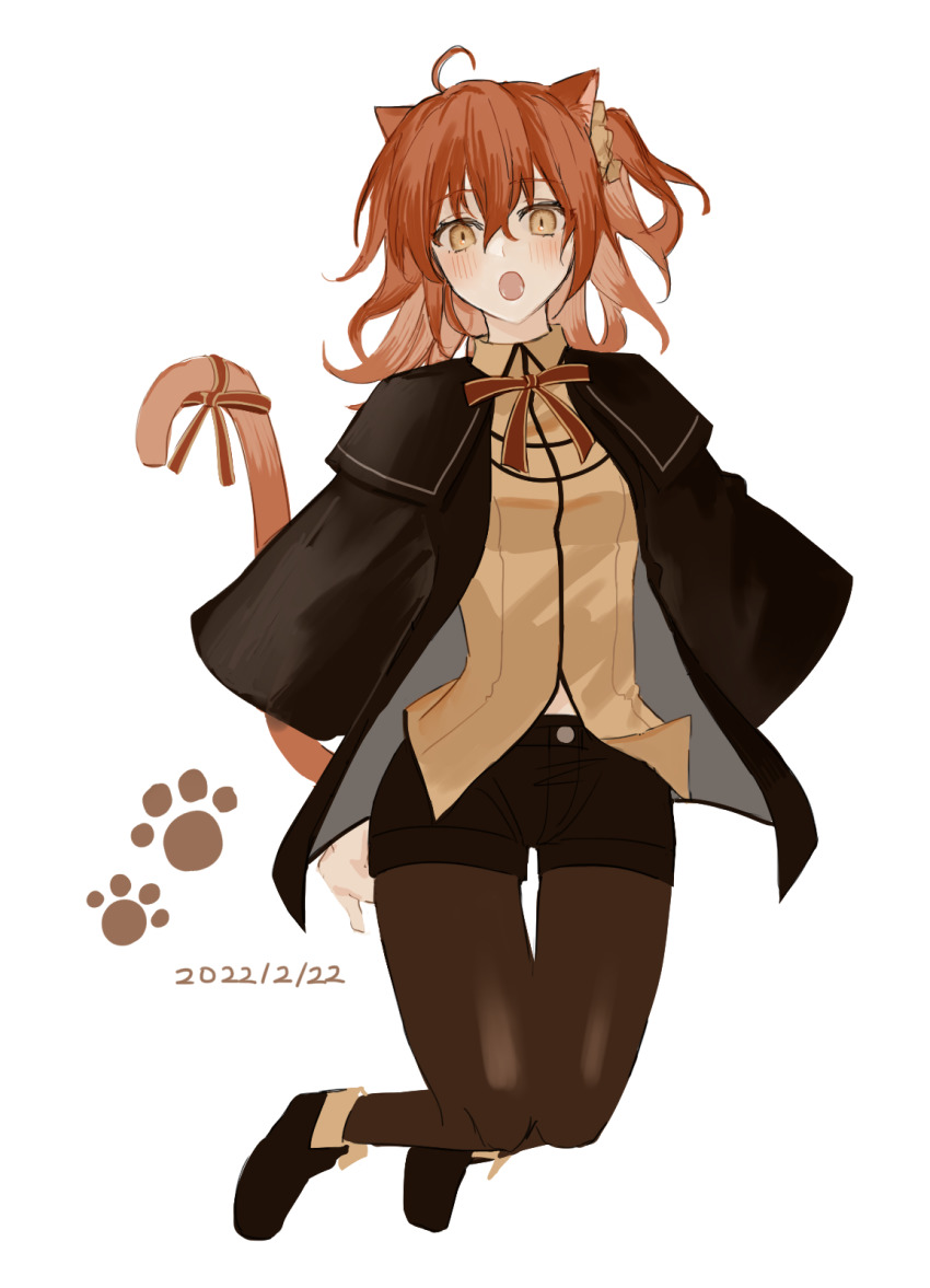 1girl :o ahoge animal_ears blush cape cat_day cat_ears cat_tail collared_shirt dated fate/grand_order fate_(series) fujimaru_ritsuka_(female) fujimaru_ritsuka_(female)_(mage&#039;s_association_uniform) full_body hair_between_eyes hair_ornament hair_scrunchie highres legs_up looking_at_viewer medium_hair neck_ribbon official_alternate_costume one_side_up open_mouth orange_hair pantyhose paw_print ribbon ringo_2000 scrunchie shirt shorts side_ponytail simple_background solo tail tail_ornament tail_ribbon yellow_shirt