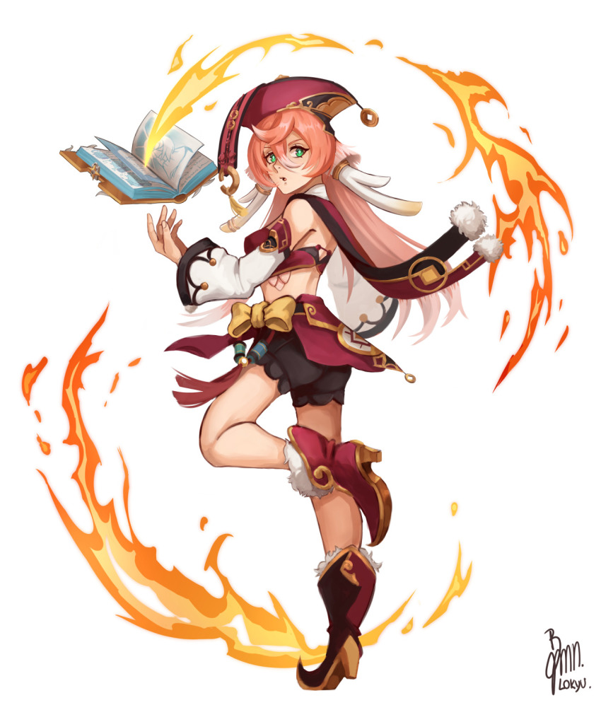 1girl antlers bare_legs black_shorts book boots bow chinese_clothes commentary deer_antlers detached_sleeves fire floating floating_book floating_object from_side full_body fur-trimmed_boots fur_trim genshin_impact green_eyes hat highres horns leg_up lo_kyu long_sleeves looking_back midriff open_book open_mouth pink_hair red_boots red_hat scales shorts side-tie_skirt signature simple_background solo tsurime white_background wide_sleeves xiezhi_guan yanfei_(genshin_impact) yellow_bow