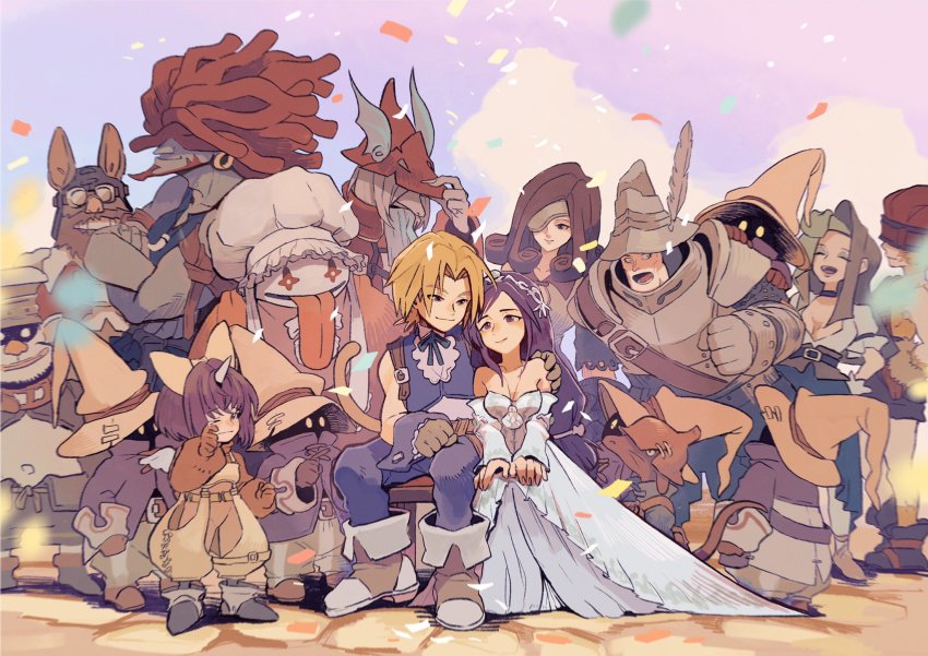 5girls 6+boys adelbert_steiner armor azukimomonaka baku_(ff9) beatrix_(ff9) black_mage_(final_fantasy) blank_(ff9) blonde_hair brown_hair cinna_(ff9) confetti couple crying dress eiko_carol everyone eyepatch final_fantasy final_fantasy_ix freija_crescent garnet_til_alexandros_xvii good_end happy hat highres horns leaning_on_person marcus_(ff9) multiple_boys multiple_girls official_alternate_costume puck_(ff9) quina_quen ruby_(ff9) salamander_coral single_horn smile tears vivi_ornitier zidane_tribal