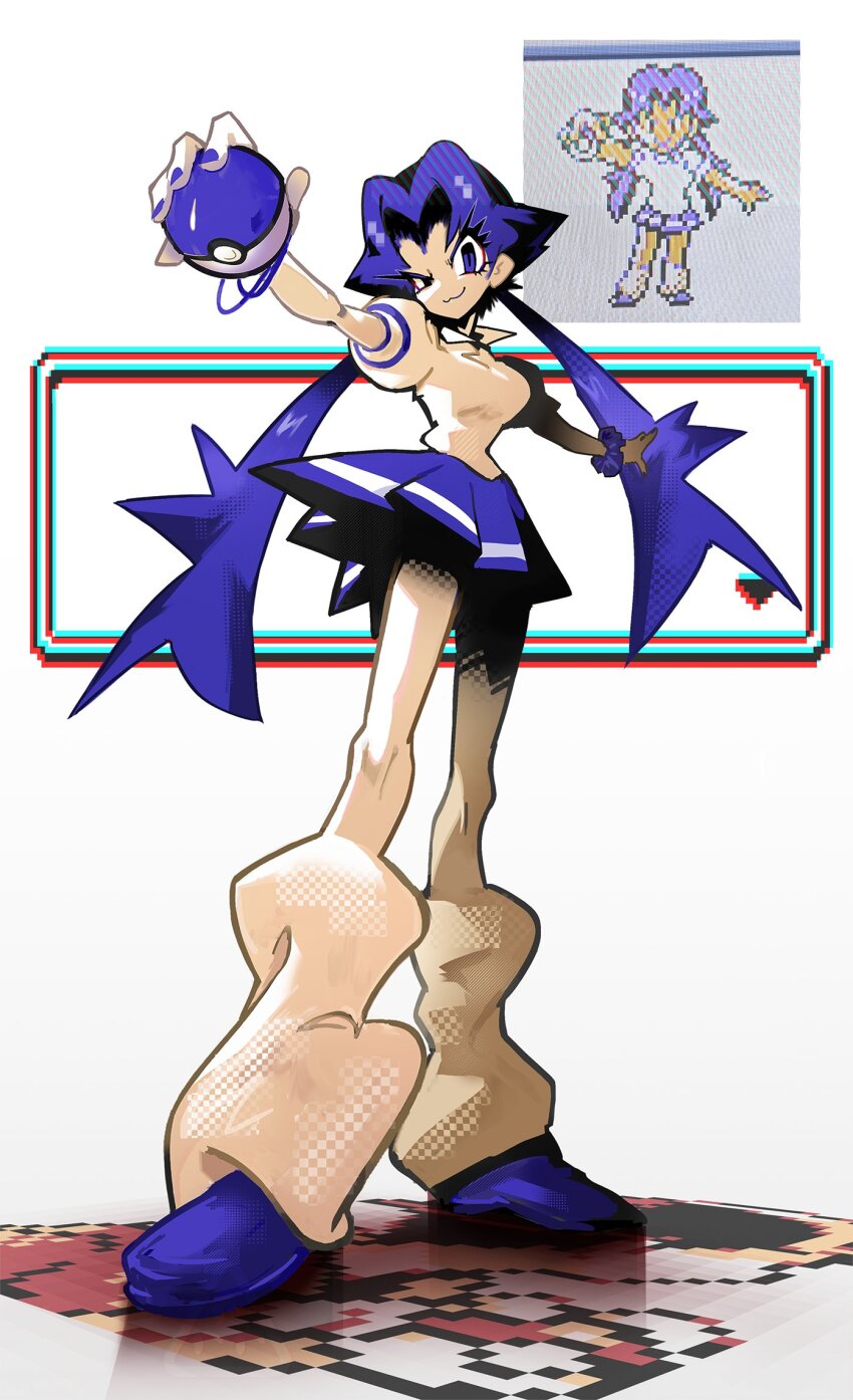 1girl :3 blue_eyes blue_hair blue_nails blue_shoes blue_skirt bracelet chromatic_aberration full_body highres holding holding_poke_ball jewelry lass_(pokemon) long_eyelashes loose_socks miniskirt nintendo parted_bangs pixel_art pixelated pleated_skirt poke_ball pokemon pokemon_gsc puffy_short_sleeves puffy_sleeves school_uniform scrunchie shakeeeeeeeee shirt shoes short_sleeves skirt socks solo standing twintails white_shirt wrist_scrunchie