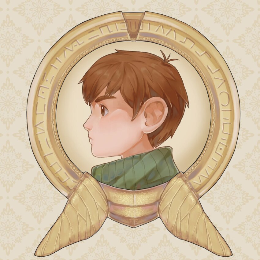 1boy border brown_eyes brown_hair chilchuck_tims closed_mouth coin commentary dungeon_meshi english_commentary from_side green_scarf halfling highres insect_wings jinaxxo looking_ahead male_focus ornate_border portrait profile scarf short_hair solo wings