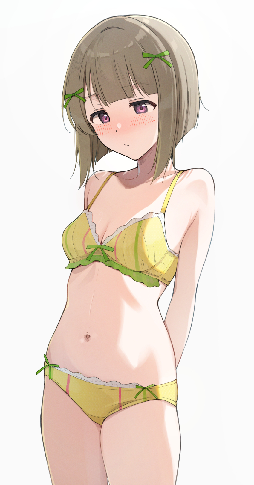 1girl absurdres arms_behind_back blunt_bangs blush bob_cut bow bra breasts brown_hair cleavage closed_mouth collarbone commentary_request cowboy_shot hair_bow highres looking_down love_live! love_live!_nijigasaki_high_school_idol_club love_live!_school_idol_festival_all_stars nakasu_kasumi navel panties pink_eyes short_hair simple_background small_breasts solo tata_(tataice) underwear white_background yellow_bra yellow_panties