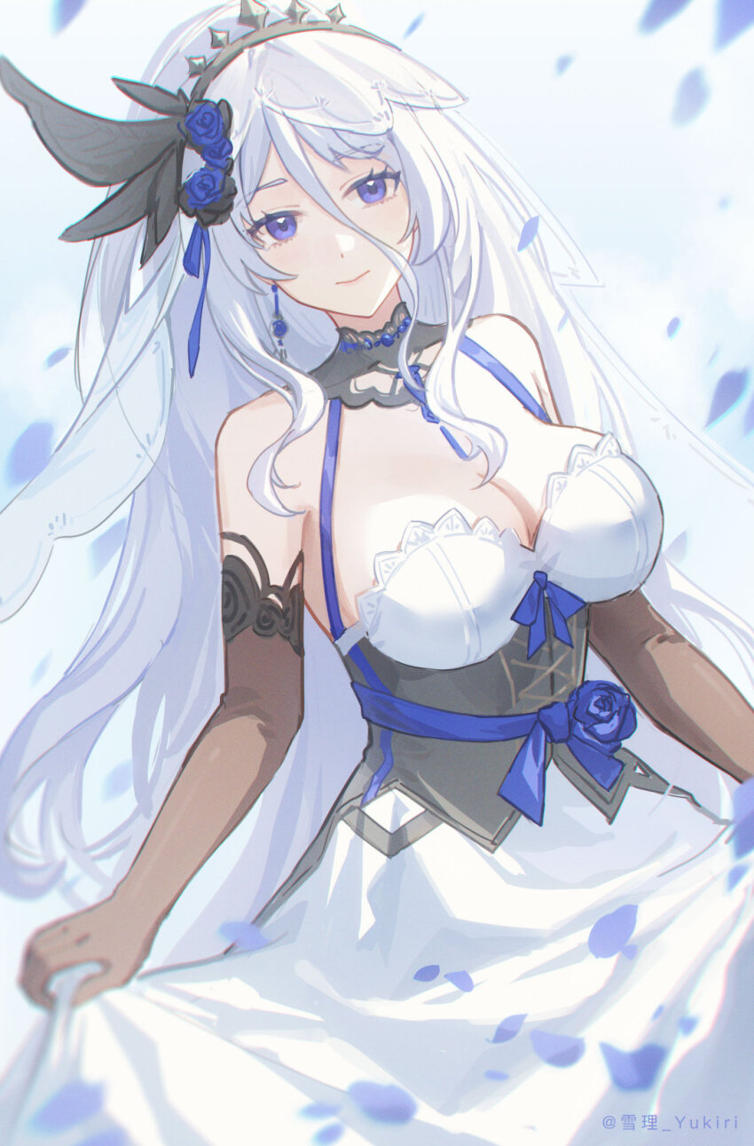 1girl alternate_costume bare_shoulders blue_eyes blue_flower blue_rose breasts bridal_veil bride brown_gloves cleavage closed_mouth dress earrings elbow_gloves feathers flower gloves hair_between_eyes hair_flower hair_ornament highres jewelry large_breasts long_hair looking_at_viewer petals purple_eyes rose skirt_hold sleeveless sleeveless_dress smile solo tiara veil warship_girls_r washington_(warship_girls_r) wedding_dress white_dress white_hair yukiri_(l_ii)