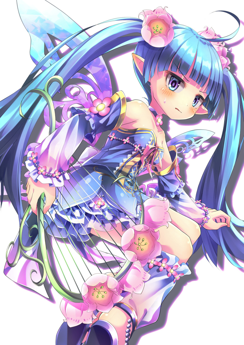 ahoge bare_shoulders blue_eyes blue_hair breasts dress emil_chronicle_online fairy_wings flower frilled_dress frilled_skirt frills hair_flower hair_ornament harp highres instrument long_hair pointy_ears shugoma_satsuki skirt small_breasts twintails white_background wings yupi828