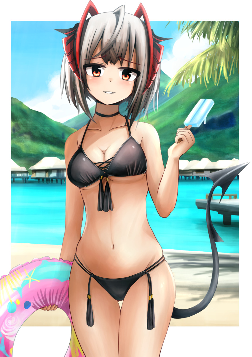 1girl alternate_costume arknights bikini black_bikini black_tail breasts demon_girl demon_horns demon_tail food grey_hair highres horns innertube kk90 looking_at_viewer orange_eyes popsicle red_horns swim_ring swimsuit tail tube underboob w_(arknights)
