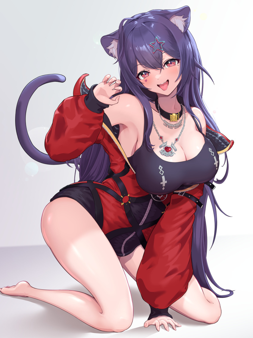 1girl akuma_nihmune akuma_nihmune_(casual) animal_ear_fluff animal_ears barefoot belted_jacket breasts cat_ears cat_girl cat_tail claw_pose cleavage collar facial_mark hair_ornament hareteruya heart heart_facial_mark highres indie_virtual_youtuber jacket jewelry kneeling large_breasts long_hair looking_at_viewer mole mole_under_eye open_mouth pendant purple_hair red_eyes red_jacket solo star_(symbol) star_hair_ornament tail two-sided_fabric two-sided_jacket virtual_youtuber white_background
