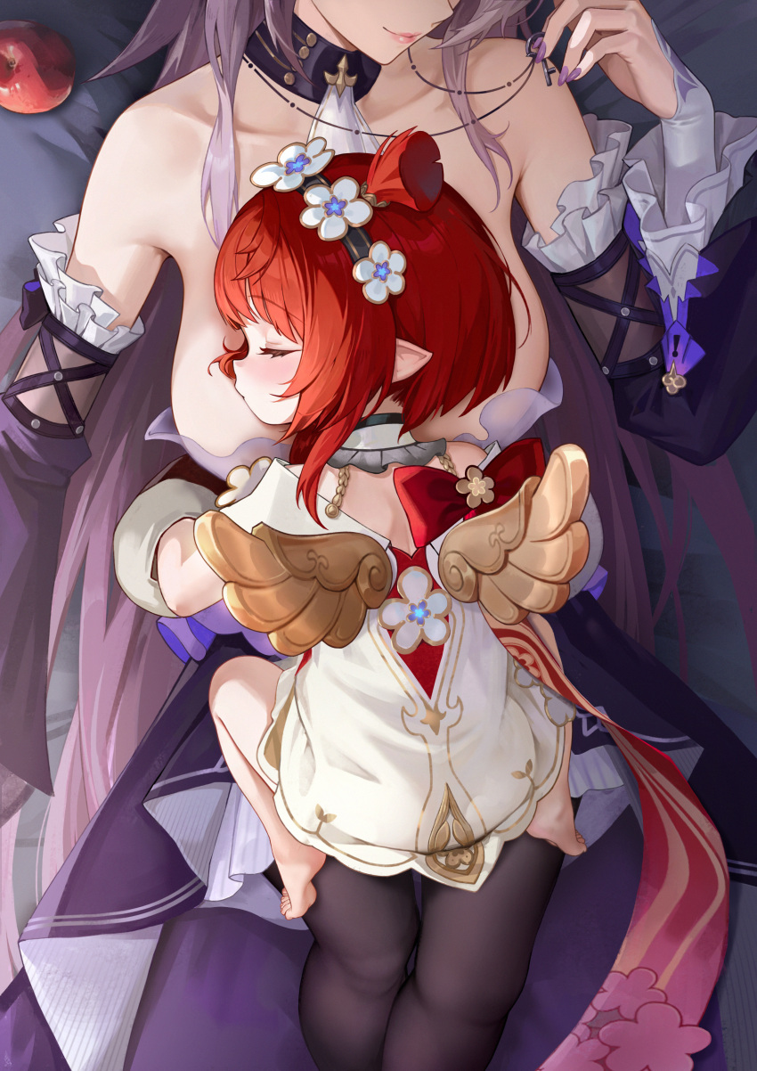 2girls absurdres ancient_greek_clothes angel_wings apple ascot barefoot black_dress breast_pillow breasts choker closed_eyes detached_sleeves dress flower food fruit greco-roman_clothes hair_flower hair_ornament head_on_chest head_wreath herta_(honkai:_star_rail) highres holding holding_jewelry holding_necklace honkai:_star_rail honkai_(series) jewelry key key_choker key_necklace large_breasts le_(huanglongen) lying lying_on_person multiple_girls necklace pointy_ears purple_nails purple_ribbon red_hair ribbon sleeping sleeping_on_person the_herta_(honkai:_star_rail) tribbie_(honkai:_star_rail) white_ascot white_dress white_flower wings