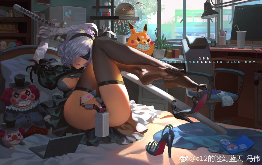 1girl 2b_(nier:automata) absurdres arms_up arrow_(projectile) arrow_in_body arrow_in_head artist_name ass black_blindfold black_dress black_hairband black_high_heels black_thighhighs blindfold breasts chair character_name chinese_commentary cleavage_cutout closed_mouth clothing_cutout clown commentary_request computer computer_mouse convenient_censoring covered_eyes creatures_(company) cup desk disc disposable_cup dress drinking_straw elbow_gloves english_text feet fengweic12 game_freak gen_1_pokemon gift gloves hairband heart high_heels highres holding holding_sword holding_weapon indoors katana lamp laptop large_breasts legs_up leotard lying machine_(nier) monitor nier:automata nier_(series) nintendo object_through_head office_chair on_back on_bed pikachu plant pod_(nier:automata) pokemon potted_plant puffy_short_sleeves puffy_sleeves sheath sheathed short_hair short_sleeves skindentation solo sticky_note swivel_chair sword thighhighs toes watermark weapon weibo_watermark white_gloves white_hair white_leotard window