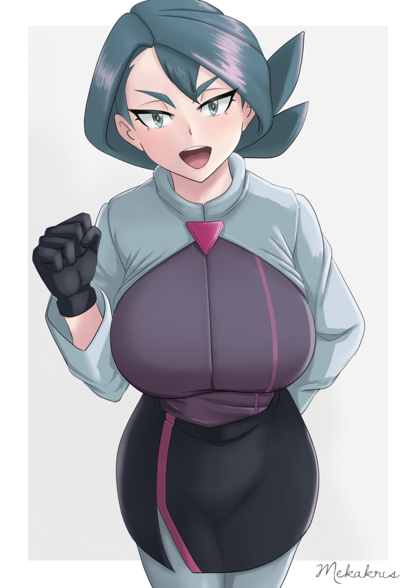 1girl :d black_gloves black_skirt border breasts clenched_hand commentary cropped_jacket eyelashes gloves green_hair grey_background grey_eyes grey_jacket grey_pantyhose hand_up highres jacket large_breasts long_hair long_sleeves looking_at_viewer mekakris nintendo onia_(pokemon) open_mouth pantyhose pokemon pokemon_(anime) pokemon_horizons purple_shirt shirt signature skirt smile solo teeth tongue upper_teeth_only white_border