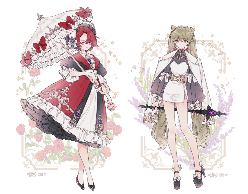 1girl black_shoes blush bow commentary_request commission double-parted_bangs dress embroidery floral_background flower footwear_bow forehead frilled_dress frills full_body gem green_hair hair_between_eyes hat high_heels holding holding_behind_back holding_staff holding_umbrella korean_commentary lemon89h long_hair long_legs looking_at_viewer makeup original parasol parted_bangs puffy_sleeves purple_brooch purple_eyes purple_flower purple_gemstone red_flower red_hair red_rose rococo_movement rose shoes short_sleeves side_slit smile staff standing umbrella very_long_hair white_bow