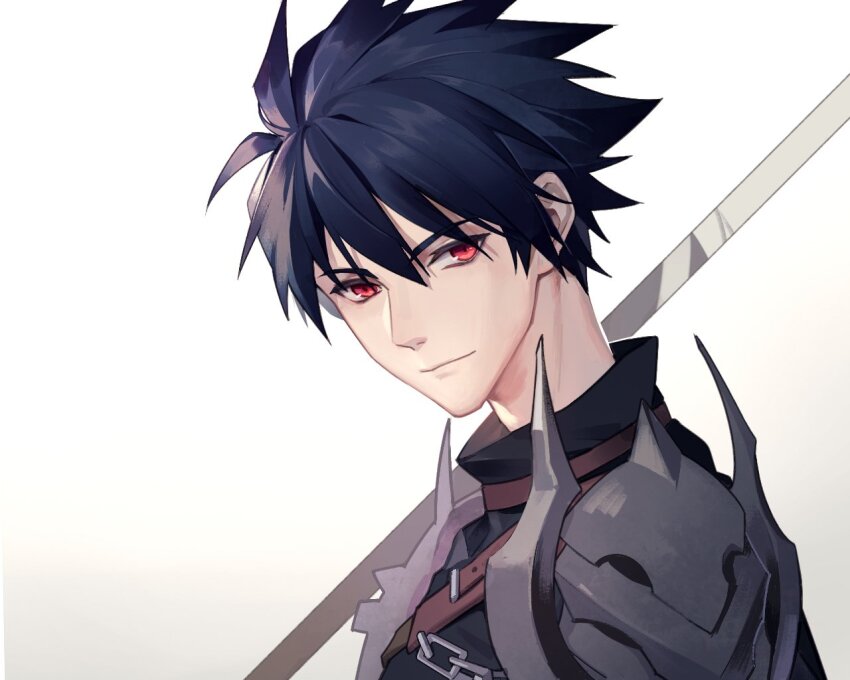 1boy armor belt black_hair black_shirt brown_belt chain character_request chest_belt closed_mouth copyright_request looking_to_the_side male_focus pauldrons polearm red_eyes shirt short_hair shoulder_armor simple_background smile solo spiked_pauldrons turtleneck upper_body weapon white_background yi_(826805607)