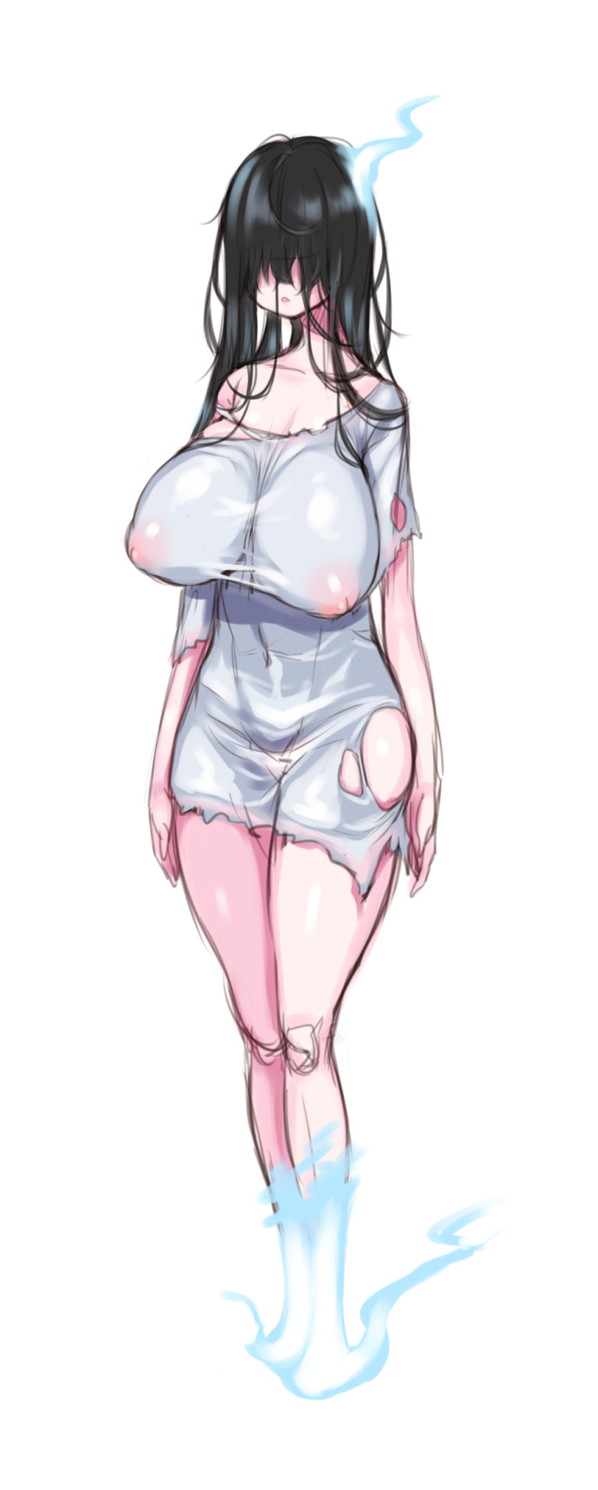 1girl absurdres black_hair bottomless breasts dress esoragoto faceless faceless_female ghost highres messy_hair monster_girl nipples no_bra no_panties open_mouth original see-through_clothes see-through_dress see-through_shirt shirt sketch solo thick_thighs thighs torn_clothes torn_dress torn_shirt