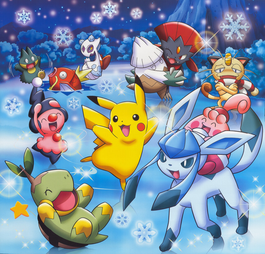 :d absurdres arms_up artist_request blue_eyes bush closed_eyes closed_mouth coin cold colored_sclera creatures_(company) crossed_arms eyelashes fangs froslass game_freak gen_1_pokemon gen_4_pokemon glaceon gold half-closed_eyes happiny happy highres holding_hands ice ice_skating koban_(gold) magikarp meowth mime_jr. mountain mountainous_horizon munchlax night night_sky nintendo no_humans official_art one_eye_closed open_mouth pikachu pokemon pokemon_(creature) pokemon_focus red_eyes riding riding_pokemon scan scared scarf sharp_teeth skating sky smile snover snowflakes snowing sparkle star_(sky) star_(symbol) striped_clothes striped_scarf teeth third-party_source turtwig two-tone_scarf water weavile winter yellow_sclera