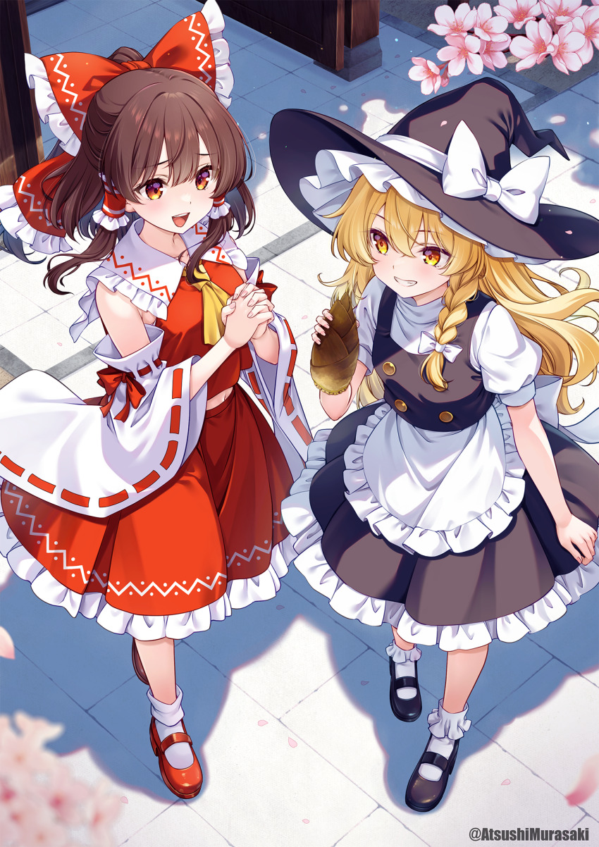 2girls :d apron bamboo_shoot black_hat black_shoes black_skirt black_vest blonde_hair blurry blurry_foreground bobby_socks bow braid brown_hair cherry_blossoms commentary_request day detached_sleeves double-parted_bangs flower frilled_bow frilled_hair_tubes frilled_skirt frills full_body grin hair_between_eyes hair_bow hair_tubes hakurei_reimu hat hat_ribbon highres interlocked_fingers kirisame_marisa long_hair long_sleeves mary_janes multiple_girls murasaki_atsushi open_mouth outdoors own_hands_together pink_flower puffy_short_sleeves puffy_sleeves red_bow red_eyes red_ribbon red_shirt red_shoes red_skirt ribbon ribbon-trimmed_sleeves ribbon_trim shadow shirt shoes short_sleeves side_braid single_braid skirt sleeveless sleeveless_shirt smile socks teeth touhou twitter_username upper_teeth_only vest waist_apron white_apron white_ribbon white_shirt white_socks wide_sleeves witch_hat