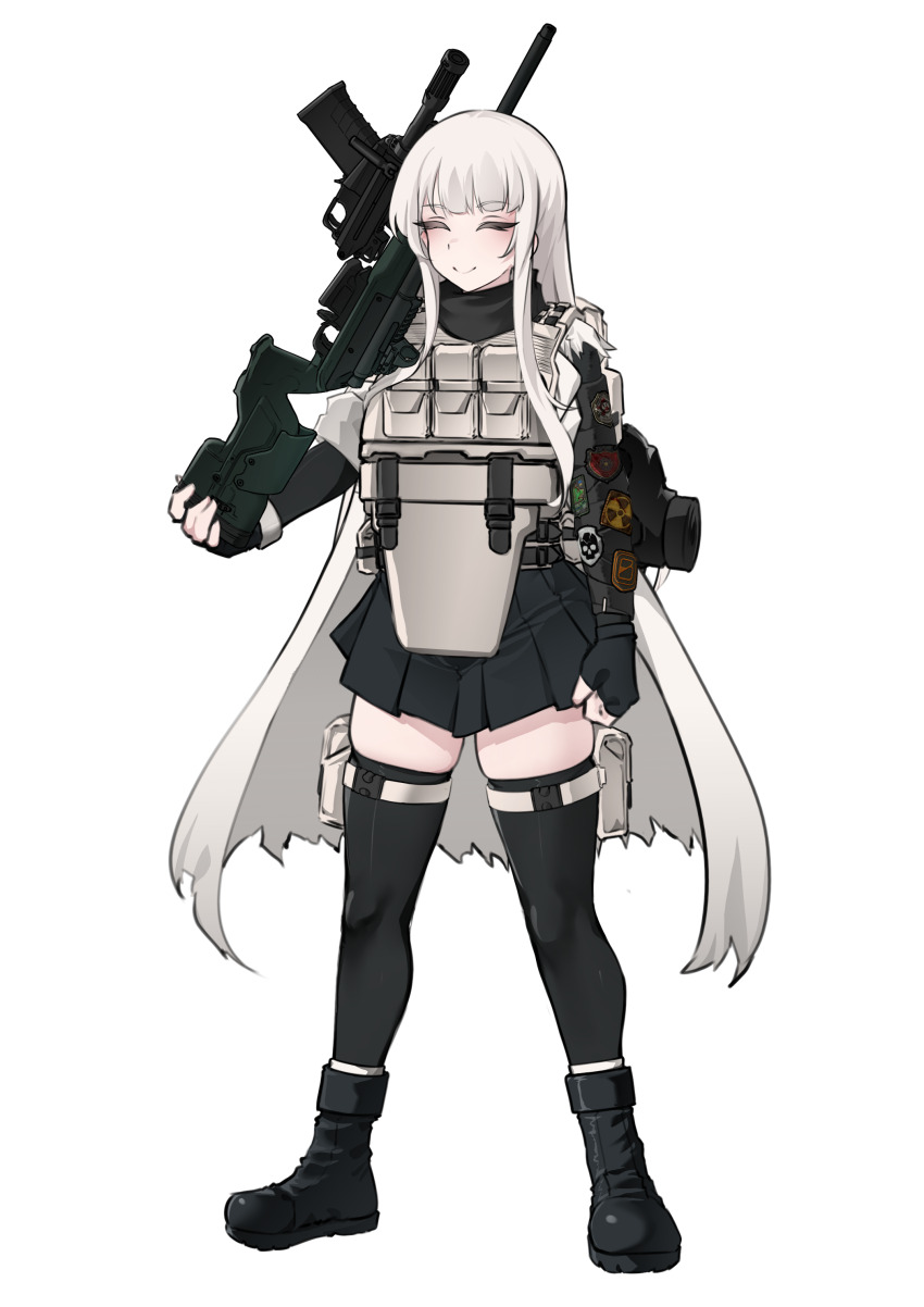 1girl absurdres ammunition_pouch ankle_boots arm_at_side black_boots black_gloves black_jacket black_skirt black_thighhighs boots bulletproof_vest clenched_hand closed_eyes commentary commission english_commentary fingerless_gloves full_body gas_mask gloves high-waist_skirt highres holding holding_weapon jacket k0ng light_blush long_hair mask original pleated_skirt pouch sidelocks simple_background skirt smile solo standing thigh_pouch thighhighs turtleneck unworn_mask very_long_hair weapon weapon_request white_background white_hair