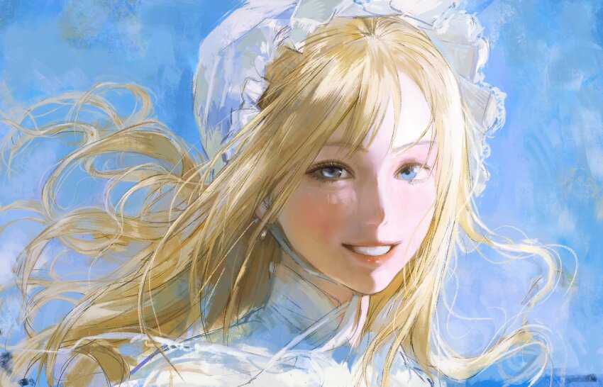 1girl artist_name blonde_hair blue_background blue_eyes clenched_teeth floating_hair hair_between_eyes highres light_blush long_hair looking_at_viewer original portrait seapall sidelocks simple_background smile solo teeth watermark weibo_watermark