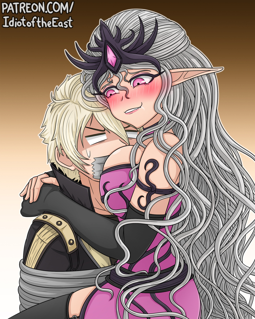 1boy 1girl arms_around_neck between_breasts black_gloves blank_eyes blonde_hair blush bound breast_smother breasts choker commentary commission dress drooling elbow_gloves english_commentary face_between_breasts face_to_breasts gag gloves grey_hair head_between_breasts hetero highres idiot_of_the_east improvised_gag large_breasts naughty_face original pink_choker pink_eyes pointy_ears purple_dress slaanesh smile strapless strapless_dress sweatdrop tape tape_gag tied_up_(nonsexual) tube_dress v-shaped_eyebrows warhammer_40k watermark web_address