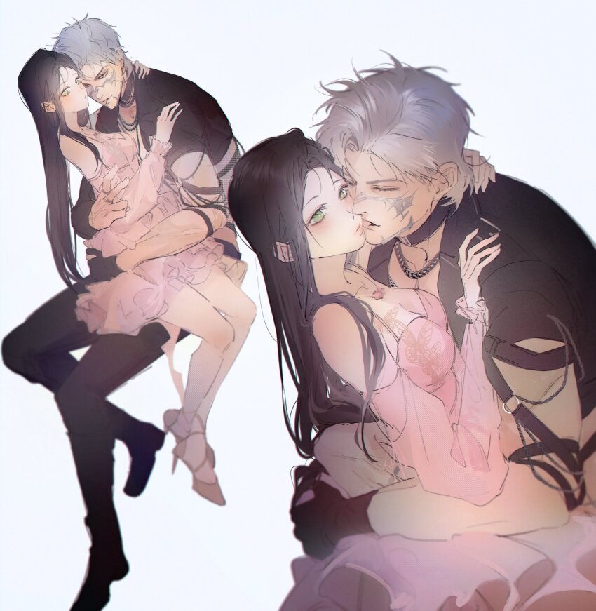 1boy 1girl blush brown_hair chain chain_necklace closed_mouth couple dress green_eyes hetero high_heels highres hug jewelry licking licking_another&#039;s_face long_hair love_and_deepspace multiple_views muzzle_(mask) necklace ng_ai0 pants parted_bangs pink_dress protagonist_(love_and_deepspace) short_hair sylus_(love_and_deepspace) sylus_(tartarus)_(love_and_deepspace) tongue tongue_out white_background white_hair