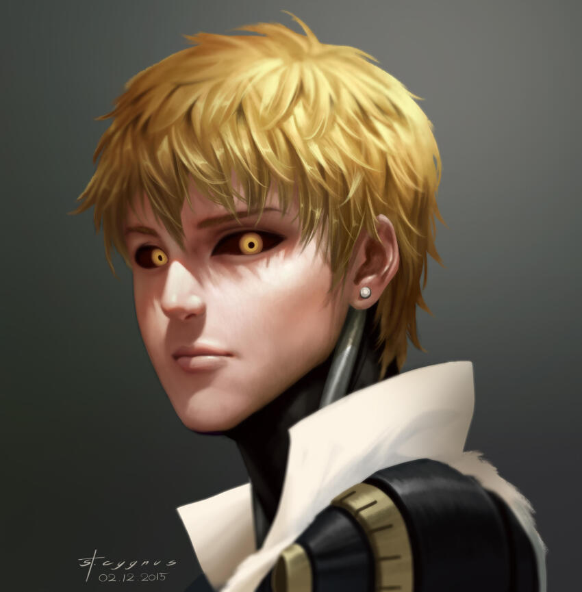 1boy absurdres artist_name black_sclera blonde_hair closed_mouth colored_sclera commentary cyborg dated earrings genos grey_background highres jewelry looking_at_viewer male_focus one-punch_man realistic short_hair signature simple_background solo st._cygnus yellow_eyes