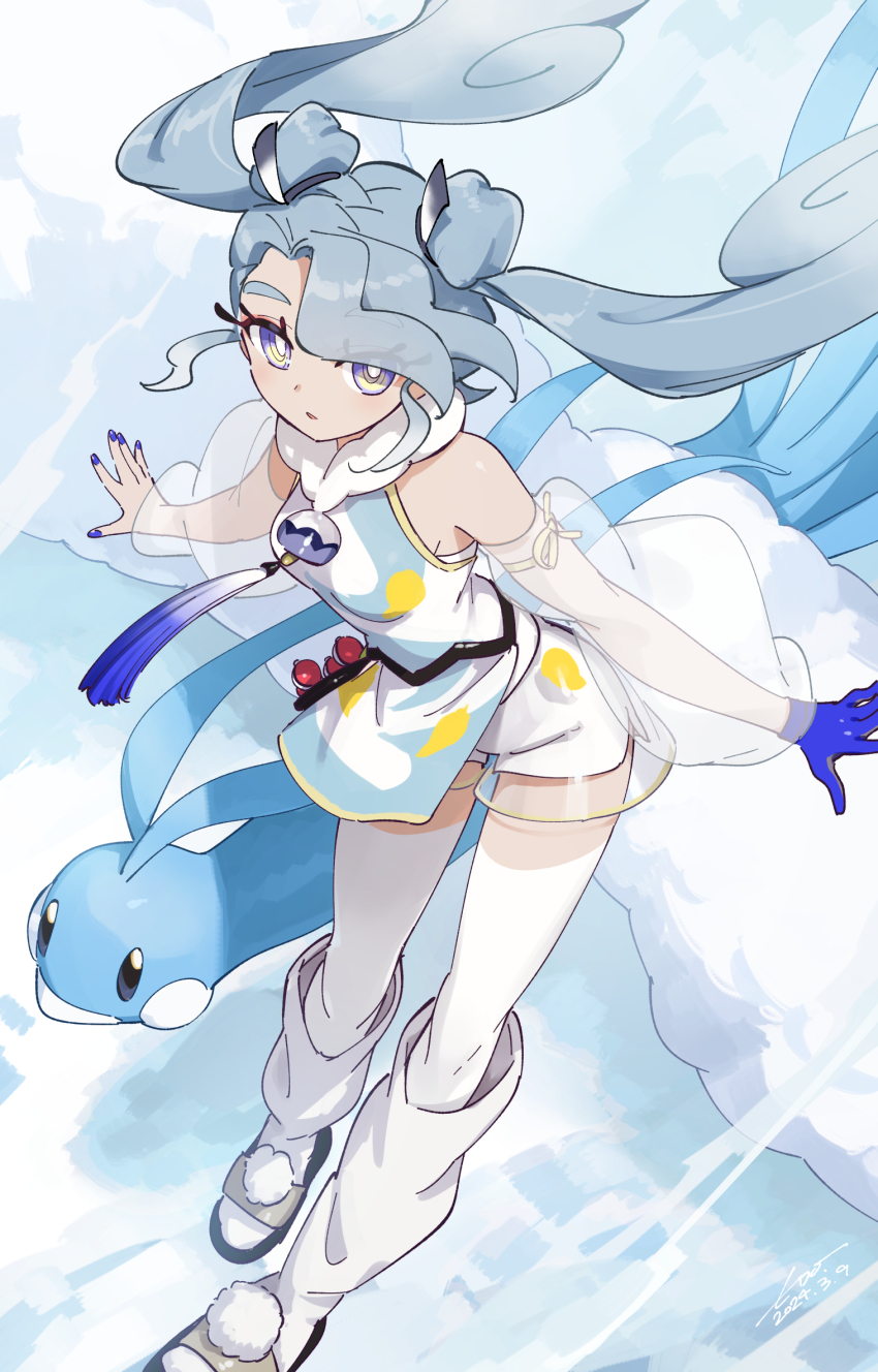 1girl 1other altaria bird blue_bird blue_eyes blue_gloves blue_hair blue_shirt boots breasts detached_sleeves flying_miku_(project_voltage) gen_3_pokemon gloves hair_ornament hair_over_one_eye hatsune_miku highres long_hair long_sleeves looking_at_viewer medium_breasts nintendo official_alternate_costume official_alternate_hairstyle open_mouth poke_ball pokemon pokemon_(creature) project_voltage see-through_clothes see-through_skirt see-through_sleeves shirt shorts shorts_under_skirt single_glove skirt twintails very_long_hair vocaloid wedo white_boots white_shorts