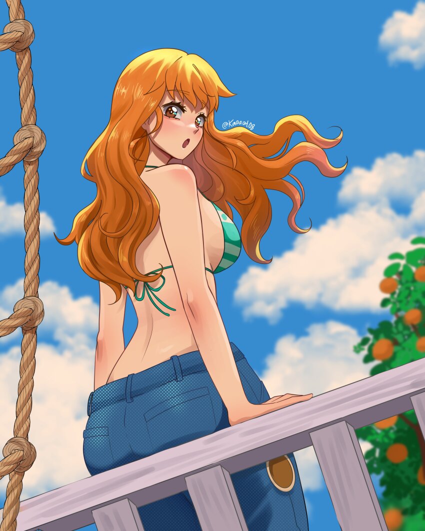 1girl absurdres arm_support bare_arms bare_shoulders bikini bikini_top_only blue_pants blue_sky blush breasts brown_eyes cloud cloudy_sky commentary cowboy_shot denim food from_behind fruit green_bikini halterneck highres jeans kat_(kaaaat008) large_breasts long_hair looking_at_viewer mandarin_orange nami_(one_piece) nami_(one_piece)_(return_to_sabaody) one_piece open_mouth orange_hair orange_tree pants railing sitting sky solo swimsuit twitter_username wavy_hair