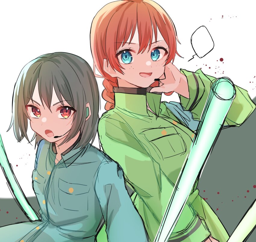 2girls blue_eyes braid brown_hair dress emma_verde fang glowstick green_dress headset highres long_sleeves looking_at_viewer love_live! love_live!_nijigasaki_high_school_idol_club medium_hair mifune_shioriko multiple_girls open_mouth osora_dao penlight_(glowstick) red_eyes ryouran!_victory_road_(love_live!) short_hair swept_bangs upper_body