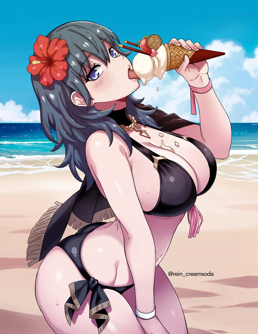 1girl absurdres beach bikini black_bikini blue_eyes blue_hair breasts female_byleth_(fire_emblem) female_byleth_(summer)_(fire_emblem) cleavage fire_emblem fire_emblem:_three_houses fire_emblem_heroes flower food food_on_body food_on_breasts hair_flower hair_ornament hibiscus highres ice_cream large_breasts long_hair melting nintendo ocean official_alternate_costume outdoors rein_creamsoda sideboob smile solo swimsuit