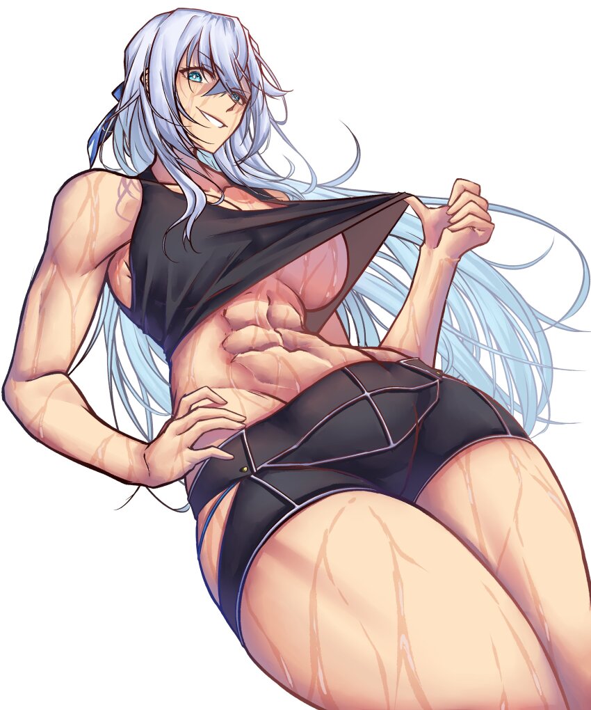 1girl abs absurdres blue_eyes breasts commentary commission crop_top crossed_bangs double-parted_bangs eiyuu_densetsu english_commentary floating_hair hair_between_eyes half_updo hand_on_own_chest highres kuro_no_kiseki_(series) large_breasts long_hair looking_at_viewer looking_down midriff moren_eh muscular muscular_female navel no_bra shizuna_rem_misurugi shorts simple_background sleeveless smile solo sweat upper_body white_background white_hair