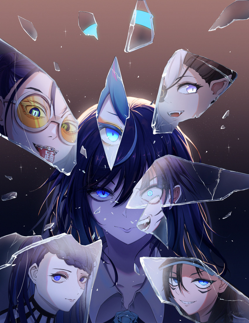 6+girls absurdres ado_(utaite) backlighting baseball_cap blue_eyes blue_hair braid broken_glass chando_(ado) closed_mouth cloud_nine_inc collared_shirt crown_braid eyepatch fangs gira_gira glass glass_shards green_eyes grin hat highres light_particles long_hair looking_at_viewer lugosi_(ado) merry_(ado) multicolored_hair multiple_girls naima_(ado) odo_(song) open_mouth orange-tinted_eyewear portrait purple_eyes readymade_(ado) reflection sanpaku shards sharp_teeth shirt show_(ado) smile split-color_hair teeth tinted_eyewear tongue tongue_out usseewa utaite white_shirt yellow-tinted_eyewear yoru_no_pierrot zing_(zingart)