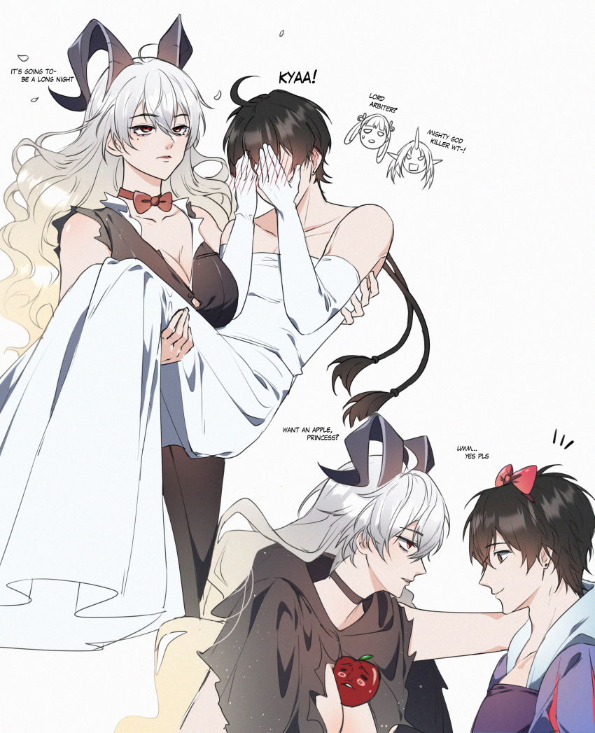 00:07am 1boy 1girl absurdres ahoge alternate_costume apple bare_shoulders black_hair blush borrowed_character breasts carrying cleavage cosplay couple covering_face dress english_text food fruit goat_girl goat_horns hair_between_eyes hetero highres horns long_hair male_rover_(wuthering_waves) princess_carry red_eyes rover_(wuthering_waves) short_hair simple_background smile snow_white_(disney) snow_white_(disney)_(cosplay) white_background white_dress white_hair wuthering_waves zani_(wuthering_waves)